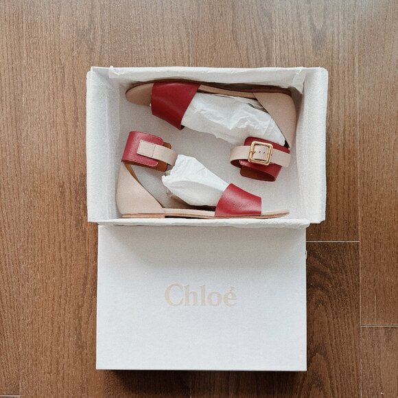 Chloe Gala Two Tone Leather Ankle Cuff Flat Sandals - Picture 3 of 5